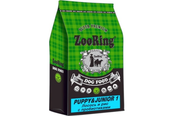 Корм для щенков средних  и крупных пород ZooRing Puppy&Junior 1 (Паппи и Юниор1) Лосось и рис c пробиотиками