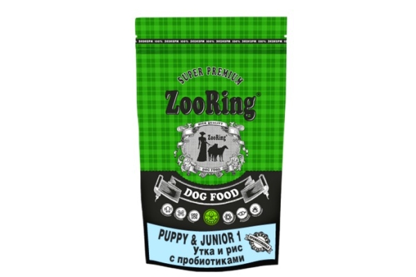 Корм для щенков средних  и крупных пород ZooRing Puppy&Junior 1 (Паппи и Юниор1) Утка и рис С пробиотиками