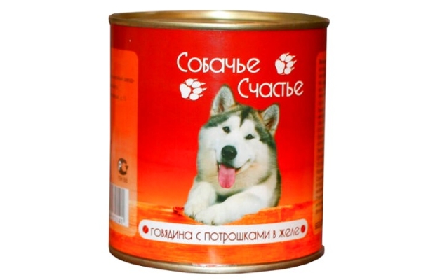 Консервированный корм для собак Собачье счастье Говядина/Потрошки/Желе